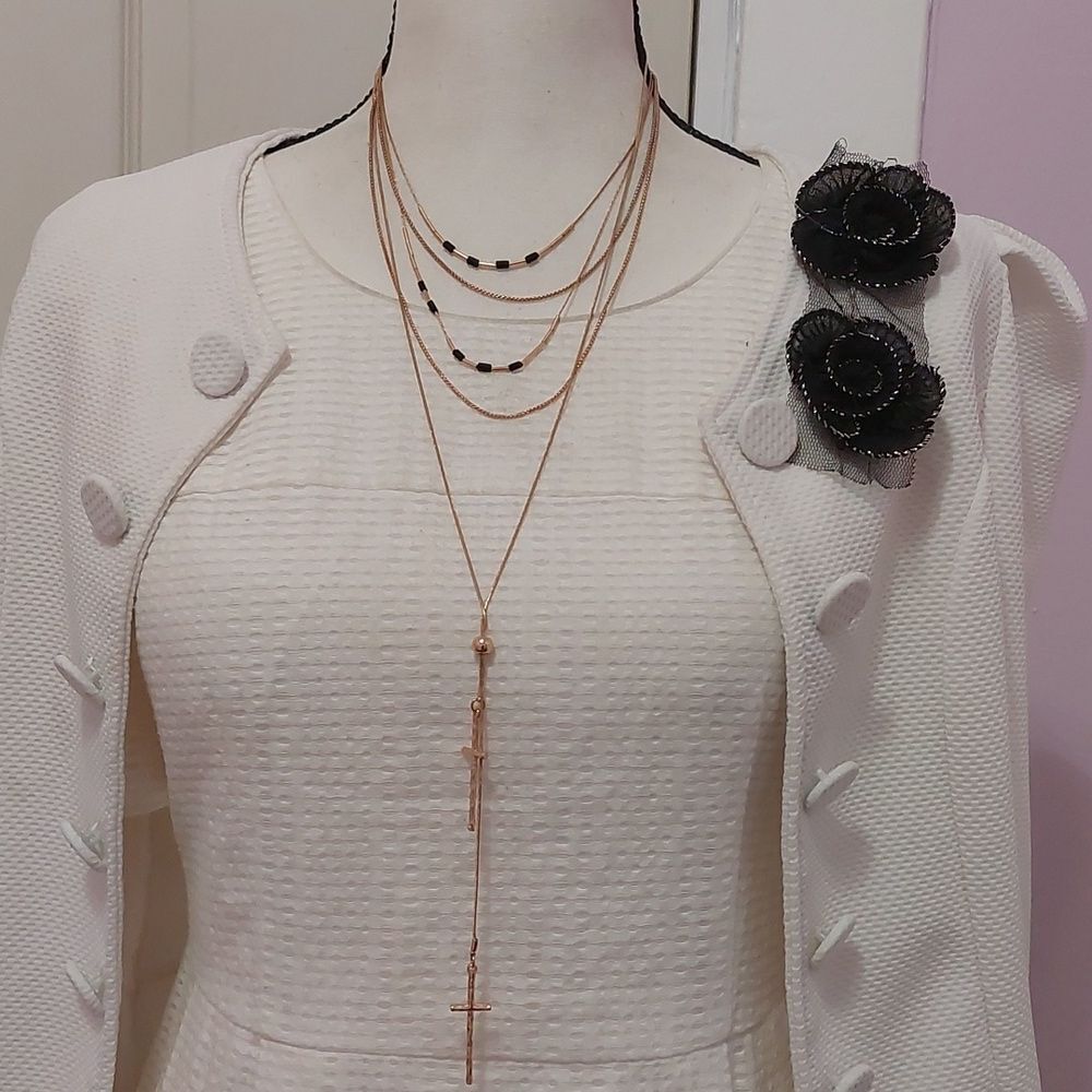 Trendy Chic Multilayered Double Cross Pendant Bolo Statement Necklace Gold Tone - Picture 1 of 7